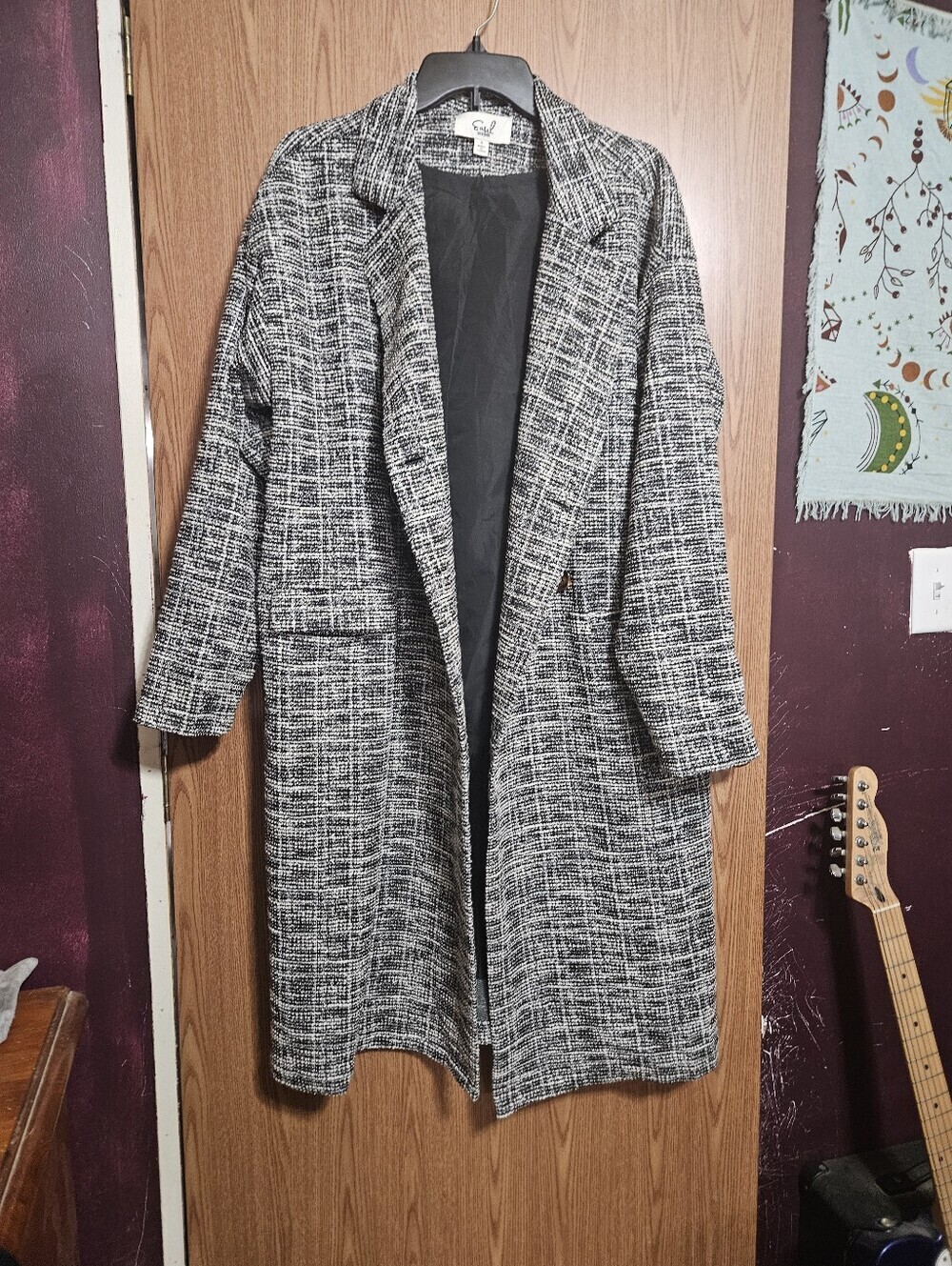 Easel Oversized Black And White Tweed Longline Coat Size Small!